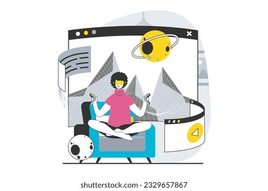 Virtual reality concept with people scene in flat design for web. Man in VR headset exploring and learning cosmic space simulation. Vector illustration for social media banner, marketing material.