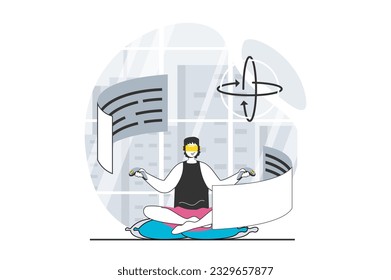 Concepto de realidad virtual con escena de personas en diseño plano para web. Hombre con auriculares VR interactuando con pantallas aumentadas para trabajar. Ilustración vectorial para banner de medios sociales, material de marketing.