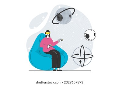 Virtual reality concept with people scene in flat design for web. Woman in VR headsets learning cosmic space and planet exploration. Vector illustration for social media banner, marketing material.