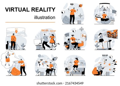 Virtual reality concept with people scenes set in flat design. Women and men in VR glasses studying, working and gaming in augmented simulation. Vector illustration visual stories collection for web