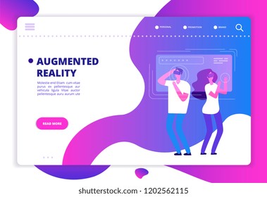 Virtual reality concept. People with vr future gadgets. Web site vector template. Vr gadget device, virtual headset for game in cyberspace illustration