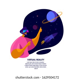 Virtual Reality concept.Man Playing, Explore Astronomy,Universe in VR Glasses.Enthusiastic Student Wears VR Goggles in Space.Teenager.Future Technology.Virtual Learning Online.Flat Vector illustration