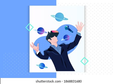 Virtual Reality Concept Poster mit Charakter. Kann für Webseiten, Infografiken, Heldenbilder verwendet werden. Virtual-Reality-Vektorgrafik.