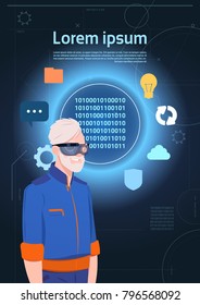 Virtual Reality Concept Senior Man Wearing Vr Headset Glasses Over Digital Business Icons Flat Vector Illustration