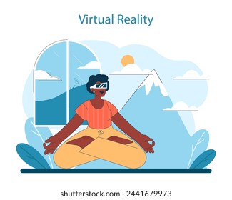 Virtual Reality concept. A serene figure in meditation harnesses VR to explore tranquil mountain scenes, embodying calm and innovation. Vector illustration.