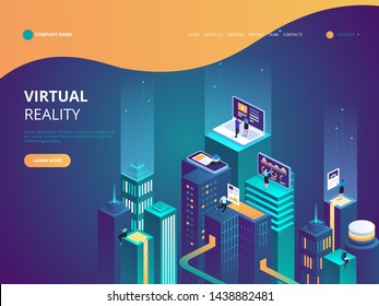 Virtual Reality concept. Social city of the future. Screen, interactive future phone innovation. Experience of work, learning or entertaining on augmented reality. Flat isometric illustration