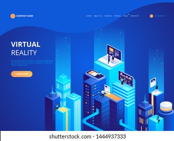 Virtual Reality concept. Social city of the future. Screen, interactive future phone innovation. Experience of work, learning or entertaining on augmented reality. Flat isometric illustration