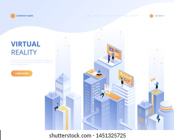 Virtual Reality concept. Social city of the future. Screen, interactive future phone innovation. Experience of work, learning or entertaining on augmented reality. Flat isometric illustration