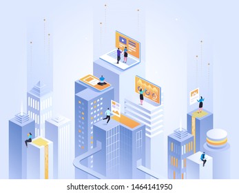 Virtual Reality concept. Social city of the future. Screen, interactive future phone innovation. Experience of work, learning or entertaining on augmented reality. Flat isometric illustration