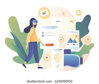Virtual reality concept. Tiny girl using virtual reality glasses. VR cyberspace. Modern flat cartoon style. Vector illustration on white background