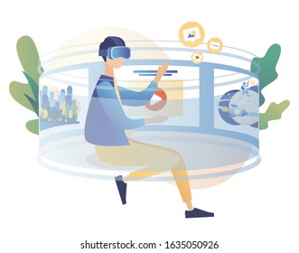 Virtual reality concept. Tiny guy using virtual reality glasses. VR cyberspace 360. Modern flat cartoon style. Vector illustration on white background