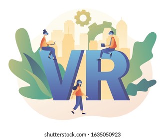 Virtual reality concept. Tiny people using virtual reality glasses. VR cyberspace. Modern flat cartoon style. Vector illustration on white background