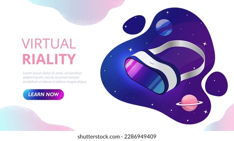 Virtual reality concept. VR glasses on background of stars and space. Metaspace and cyberspace. Innovations and modern technologies. Device for playing and learning. Cartoon flat vector illustration