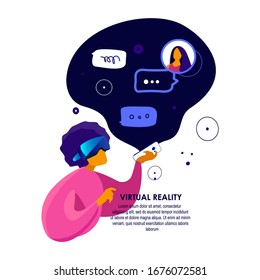 Concepto de realidad virtual.Hombre usando auriculares VR en la infografía de holograma de chat en Smartphone.Comunicación entre personas.Comunicación en línea.Tecnologías digitales.Ilustración de vectores planos