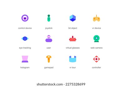 Virtual reality concept of web icons set in color flat design. Pack of control device, joystick, 3d object, eye tracking, user, hologram, gamepad, vr tour and other. Vector pictograms for mobile app