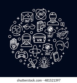 Virtual reality concept with white color icons think line style isolated on white background. Panorama, Virtual Reality Helmet icon. Vector Illustration