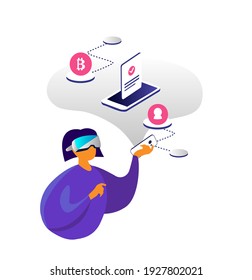 Virtual Reality Concept. Woman Hold Smartphone, Watching Blockchain Innovation Technology Agreement. Cryptocurrency Smart Security,Accessibility,Conctract. VR Headset.Future Technology Online Hologram