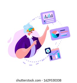 Virtual Reality Concept.Old Woman Study,Analyse Statistics, Financial ,Diagram,Grapgh.Wear VR Headset.Elderly Pensioner Sudent in VR Get Education.Future Technology.Online Learning.Vector illustration