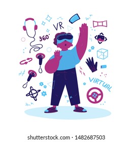 Virtual reality concept.Enthusiastic boy wears VR, virtual reality goggles. Child into virtual reality world.  Vector illustration