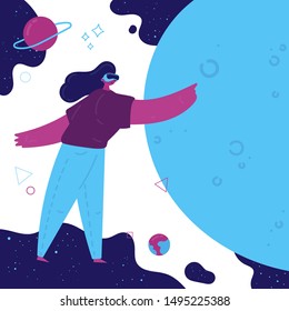 Virtual reality concept.Enthusiastic young girl uses virtual reality goggles and gets into space.Space simulator for the study of astronomy.Using virtual reality for education.Future technology.Vector