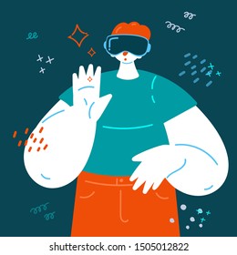 Virtual reality concept.Enthusiastic young man wears VR, virtual reality goggles, glasses. Into virtual reality world. Future technology.Abstract vr world with different objects. Vector illustration