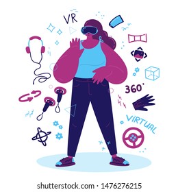Virtual reality concept.Enthusiastic young woman wears VR, virtual reality goggles, glasses. Into virtual reality world. Future technology.Abstract vr world with different objects. Vector illustration