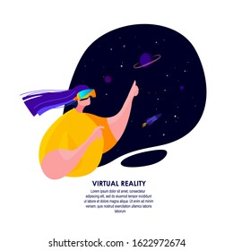 Virtual Reality concept.Girl Explore Astronomy, Universe in VirtualReality Glasses.Enthusiastic Student Wears VR Goggles in Space.Teenage.Future Technology.Virtual Learning Online.Vector illustration