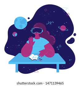 Virtual reality concept.Girl studies astronomy in virtual reality glasses. Enthusiastic student wears vr goggles and was in space.Teenage.Future technology. Virtual learning.Vector illustration