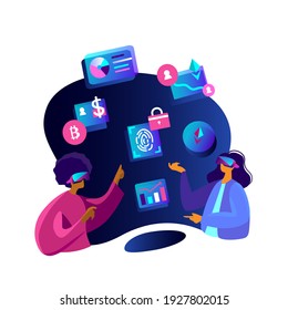 Virtual Reality Concept.Students Learn Financial Cryptocurrency Trading Course,Diagram,Grapgh.Wear VR Headset.Enthusiastic Businessmen in VR Get Education.Future Technology Online. Vector illustration