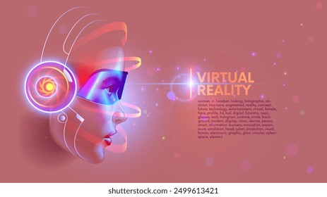 Virtual Reality conceptual poster. Woman head in VR headset looking at holographic abstract interface of virtual reality. Female face profile lit by 3d interface. VR glasses on beautiful girl face.