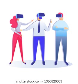 Virtual Reality Conference Vector Illustration. Men and Woman Cartoon Characters. People, Coworkers Wearing Headsets. VR Workspace, Futuristic Recreation. Business Lounge Zone Design Element