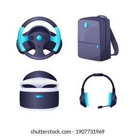 Accesorios de juego de consola de realidad virtual. Gafas de realidad virtual, auriculares con micrófono, volante, mochila de juegos. Ilustración vectorial de equipos y accesorios de juego