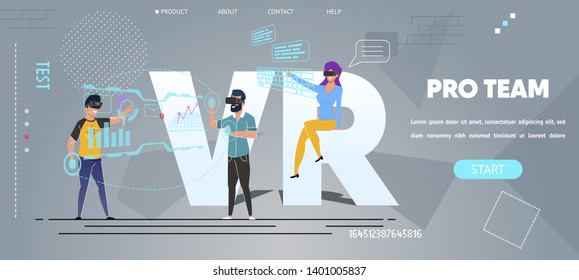 Virtual Reality Creation by Pro Team Landing Page Flat Cartoon Template. Development, Programming, Coding and Testing New Online Video Game, Future Tech. Vector Men and Woman Teamwork Illustration