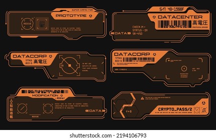 Virtual reality Cyberpunk HUD interface. Futuristic hud dashboard display technology screen concept . UI Statistics, data infographic. Japanese hieroglyphs for danger, AI controlled, high high voltage