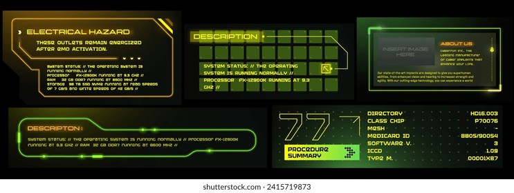 Virtual reality Cyberpunk HUD interface. ci-fi digital interface elements HUD for Game, UI, UX, KIT. Futuristic User Interface, frame screens, Callouts titles.