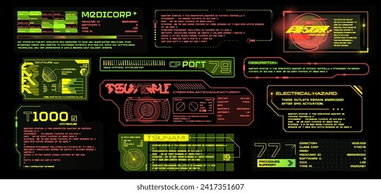 Virtual reality Cyberpunk HUD interface. Sci-fi digital interface elements HUD for Game, UI, UX, KIT. Futuristic User Interface, frame screens, Callouts titles.