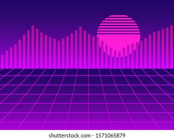 Virtual reality, cyberpunk landscape in the 80s style with a grid. Synthwave retro futuristic background. Retrowave. Vector illustration