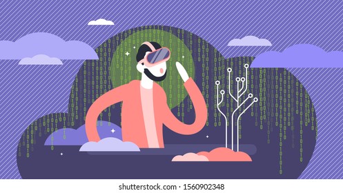 Virtual reality cyberspace experience flat tiny person vector illustration concept. Digital dimension sense illusion and simulated illusion. Wearable tech gaming console user playing experiences.