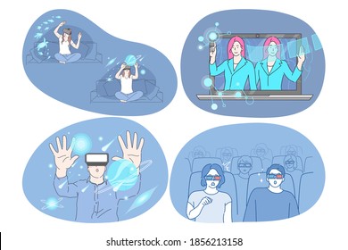 Virtual reality and cyberspace through 3d glasses concept. Young surprised women and men wearing special masks and glasses for simulation cyberspace touching space in futuristic digital reality 