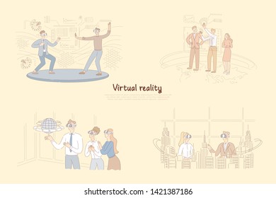 Virtual reality in daily life, man in VR glasses training martial arts, presentation on AR board, 3d modelling banner