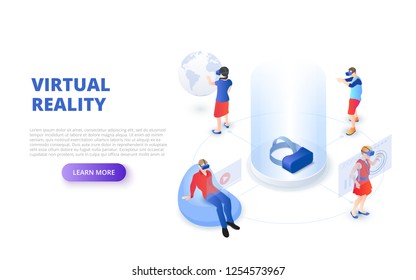 Virtual reality design concept with glasses and people playing and learning. Isometric vector illustration. Landing page template for web.