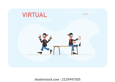 Virtual reality, design for a website or shop with cartoon characters in a modern style, vector size, text,VR glasses, smartphone.