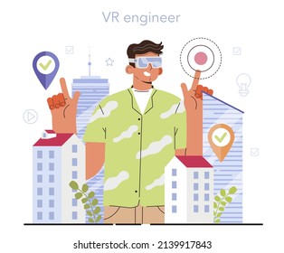 Virtual reality designer concept. Futuristic digital innovation. VR technology for education and game simulation designing and developing. Flat vector illustration