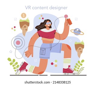 Virtual reality designer concept. Futuristic digital innovation. VR technology for education and game simulation designing and developing. Flat vector illustration