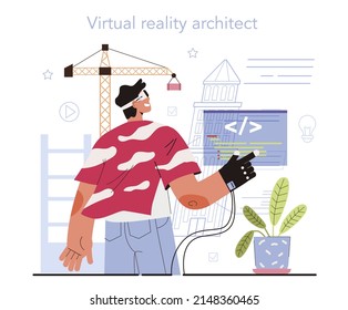 Virtual reality designer concept. Futuristic digital innovation. VR technology for education and game simulation designing and developing. Flat vector illustration