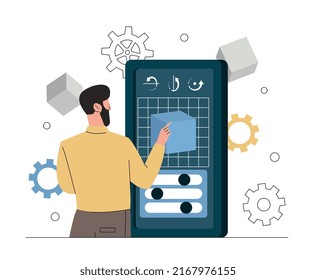 Virtual reality designer. Man designing interface elements for smartphone. Remote employee or freelancer. Rendering of real models and creation of 3d models. Cartoon flat vector illustration