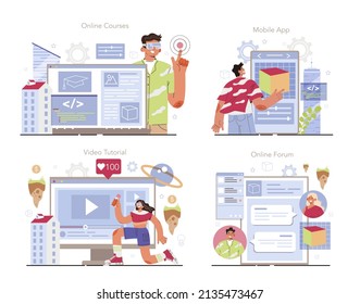 Virtual reality designer online service or platform set. Futuristic digital innovation. VR technology for education and game. Online course, forum, video tutorial, mobile app. Flat vector illustration