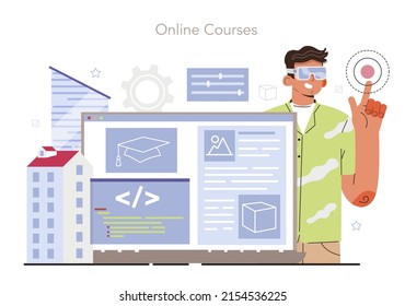 Virtual reality designer online service or platform. Futuristic digital innovation. VR technology for education and game. Online course. Flat vector illustration