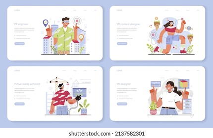Virtual reality designer web banner or landing page set. Futuristic digital innovation. VR technology for education and game simulation designing and developing. Flat vector illustration