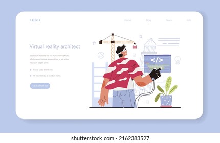 Virtual reality designer web banner or landing page. Futuristic digital innovation. VR technology for education and game simulation designing and developing. Flat vector illustration